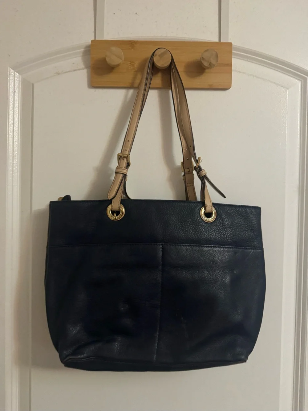 Michael Kors Navy Leather Tote with Beige Straps and Gold Hardware
